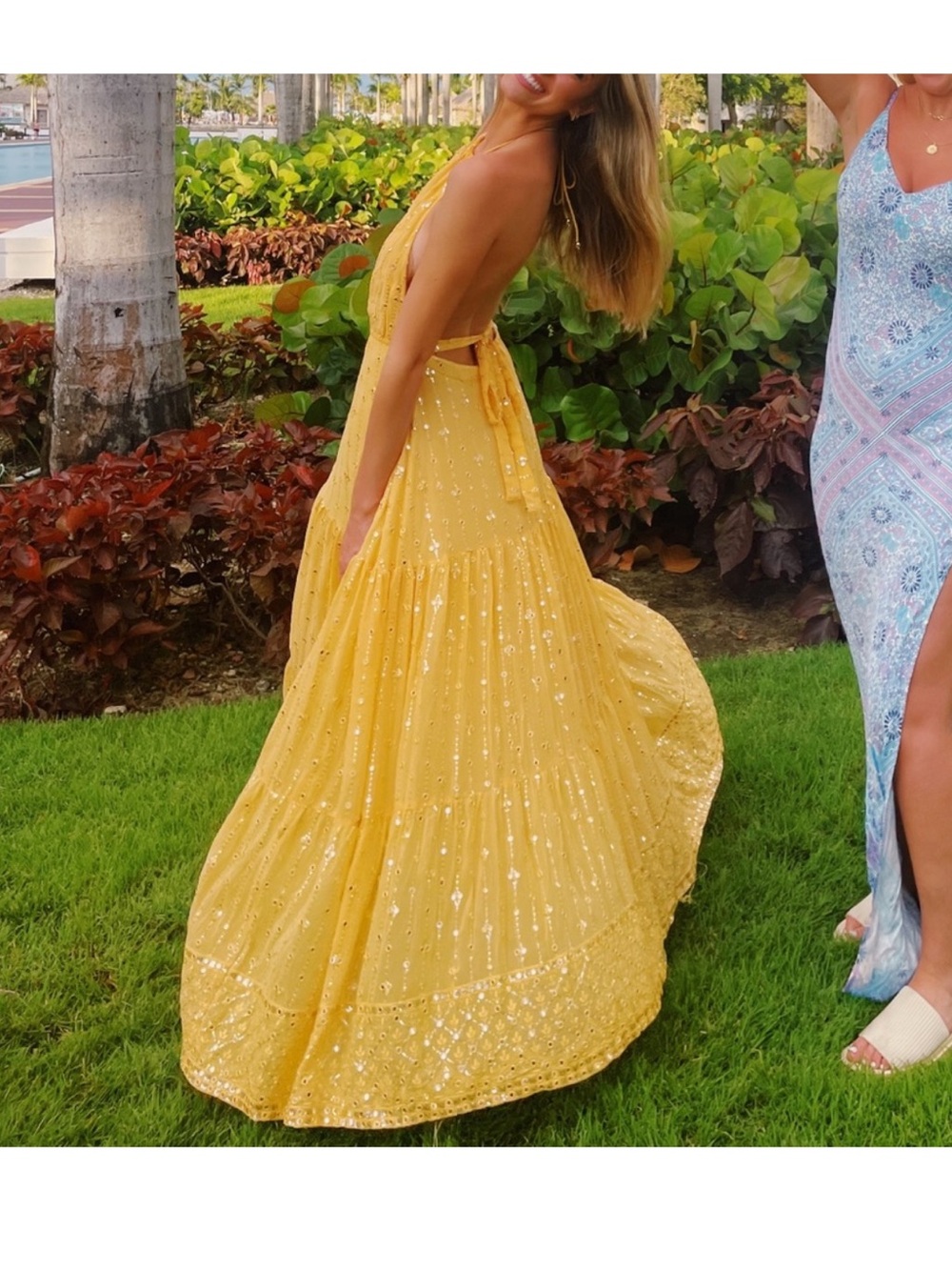 SUNDRESS Revolve Emina Sequin Boho Halter Maxi Dress in Puebla Yellow Size Small